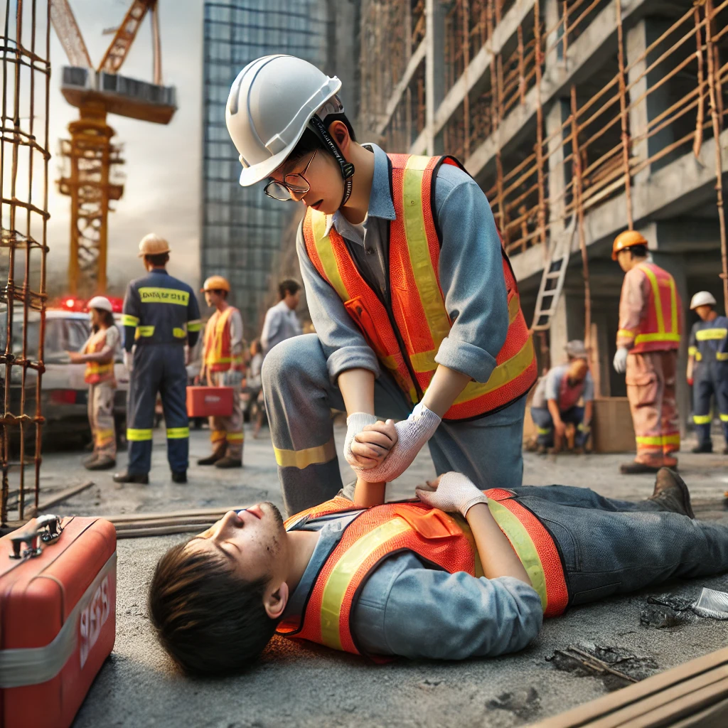 DALL·E 2024-10-05 21.06.31 - A realistic image of a construction worker in China, injured at a worksite. The worker is receiving medical attention after an accident. The construct.webp